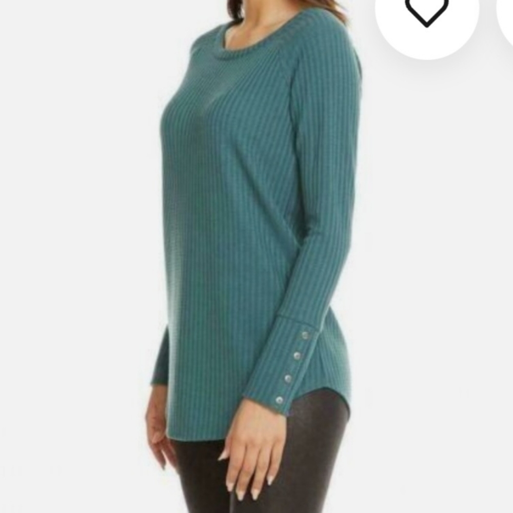 Chaser Teal Waffle Knit Sweater Womens M Long Sleeve Thermal Soft Casual - Picture 4 of 9